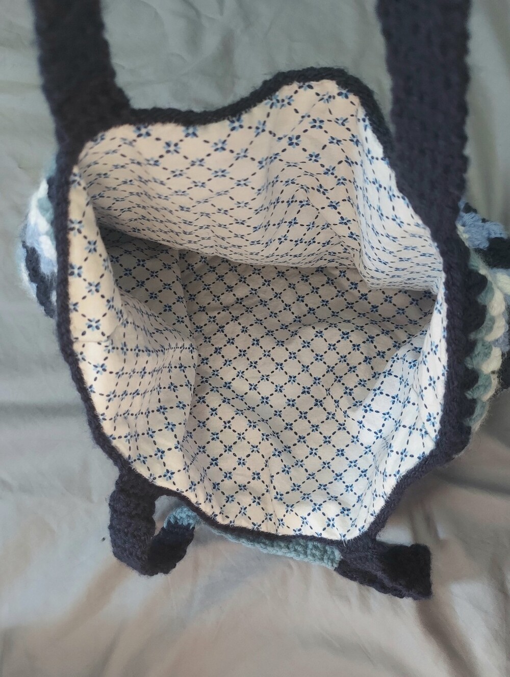 Granny Squares Crochet Tote Bag Handmade Fully Lined Blue, Navy, White - Picture 4 of 8